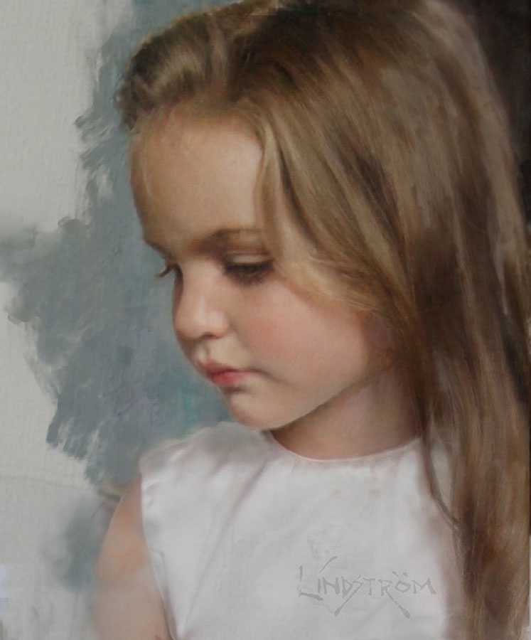 commissioned portrait of a young, brunette girl in white looking down .