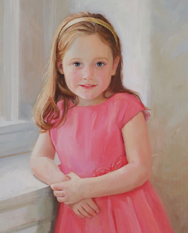 commissioned portrait of a young, red-haired girl holding onto her arm and leaning.