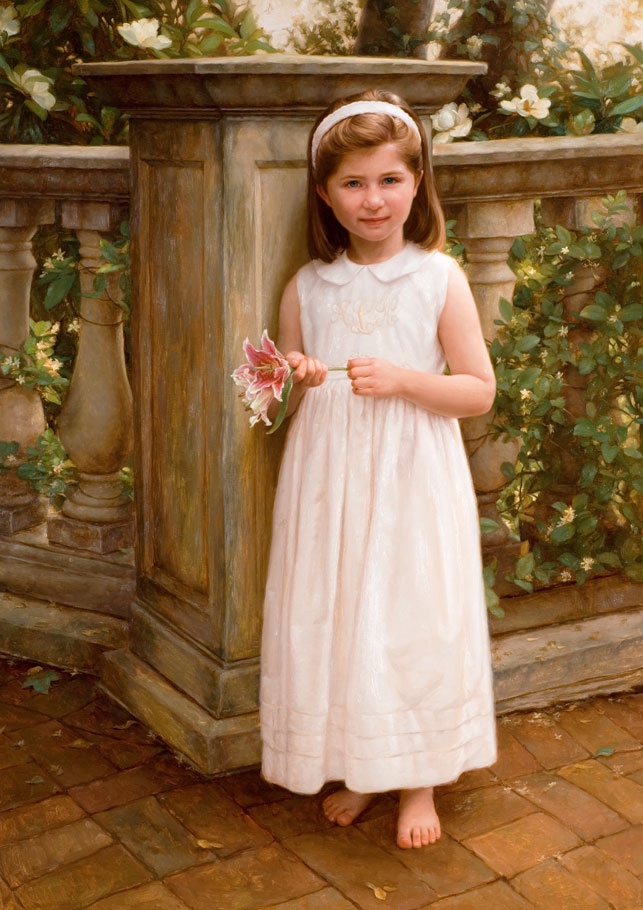 commissioned portrait of young, brunette girl in white, holding a flower while standing in front of an ornate fence.