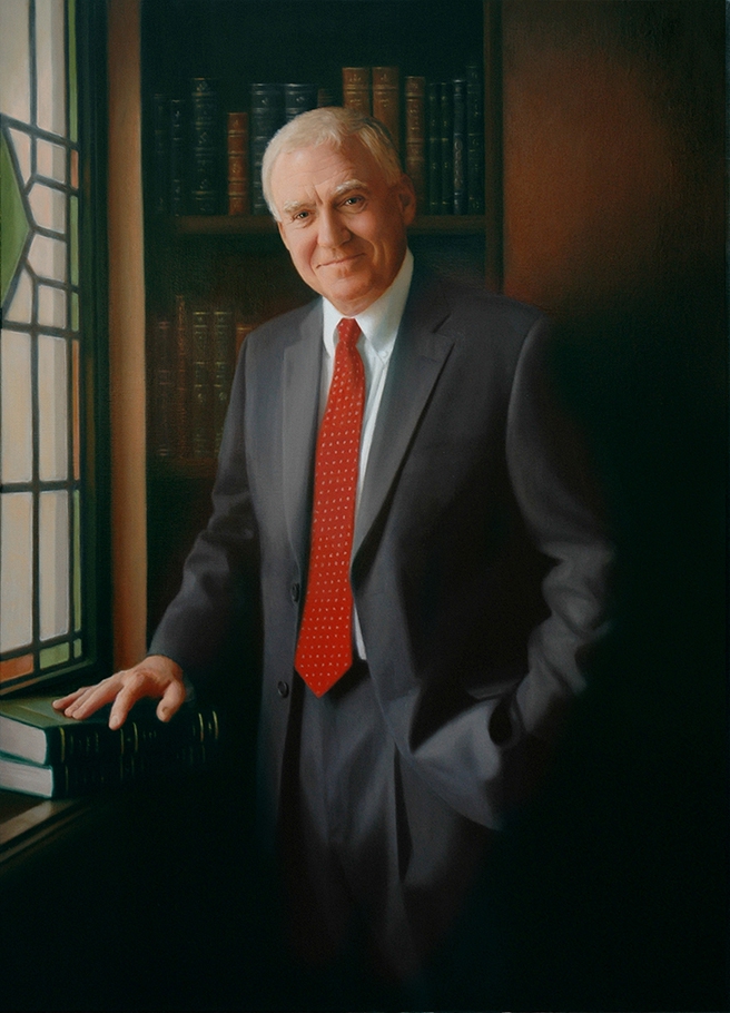 commissioned portrait of a man in dark suit and red tie, hand resting on a stack of books.