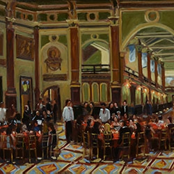 commissioned portrait of a party dining together. 