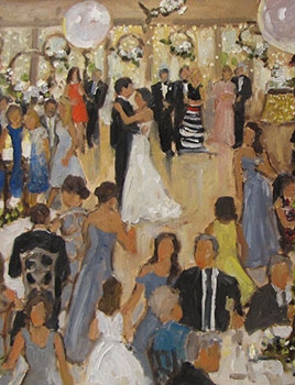 commissioned portrait of a man and woman locked in embrace while dancing, with guests mingling and chatting amongst themselves. 