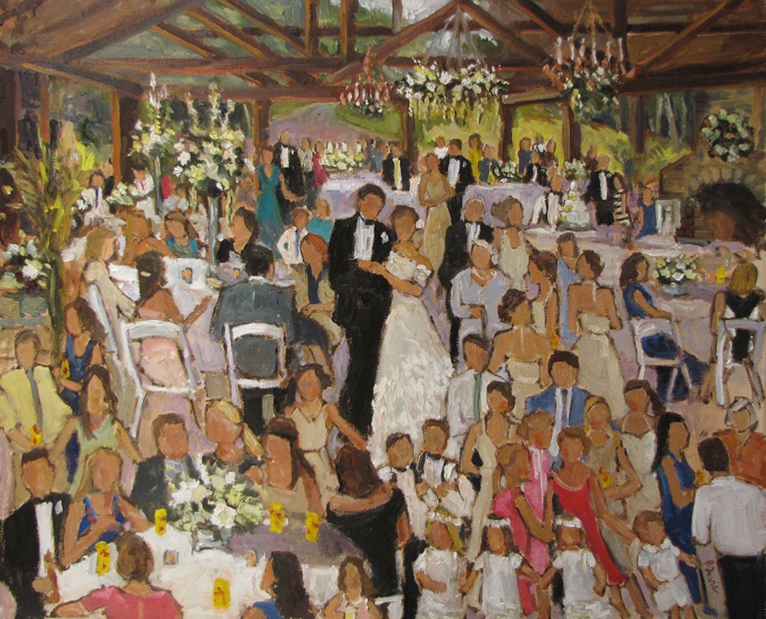 commissioned portrait of a happy couple, with arms locked together, posing while party goers encircle. 