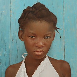 commissioned portrait of a stoic-faced African American girl in white.