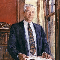 commissioned portrait of man in suit and tie standing at a lectern. 