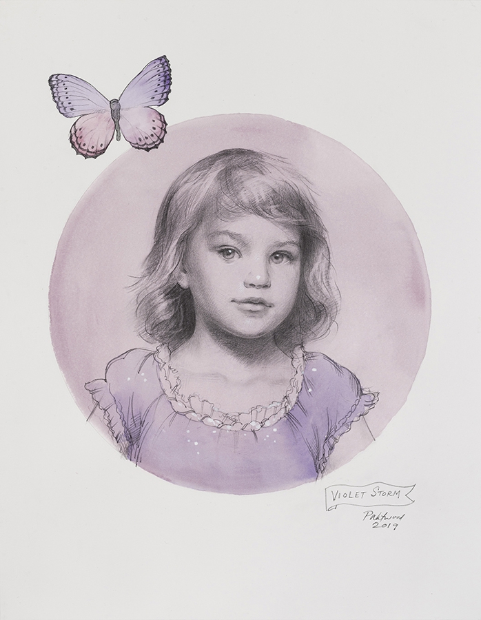 commissioned portrait of a young girl with a purple background and butterfly.