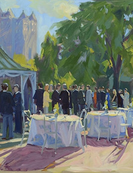 commissioned portrait of a glamorous reception, with finely made tables in foreground, and party guests mingling in background. 