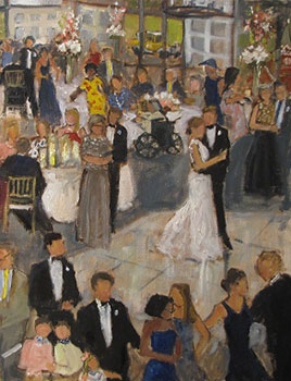 commissioned portrait of a man and woman dancing together at a wedding or reception, with guests surrounding. 