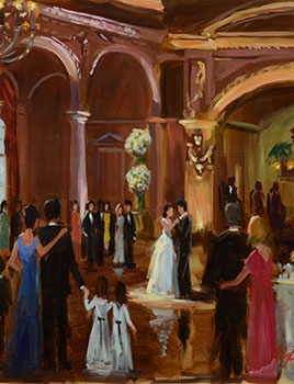 commissioned portrait of a couple dancing together, with other partygoers watching from a distance.