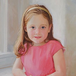 commissioned portrait of a young, red-haired girl holding onto her arm and leaning.