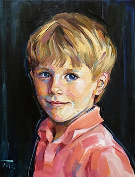 commissioned portrait of a young, blond-haired boy slightly smiling.