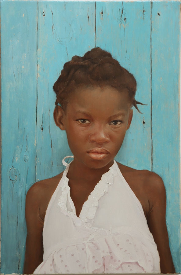 commissioned portrait of a stoic-faced African American girl in white.