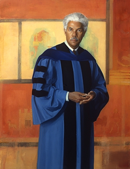 commissioned portrait of white-haired African American man in regal blue academic robes.