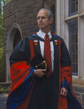 commissioned portrait of a man looking off in the distance, wearing academic robes with a red tie—graduation cap under arm. 