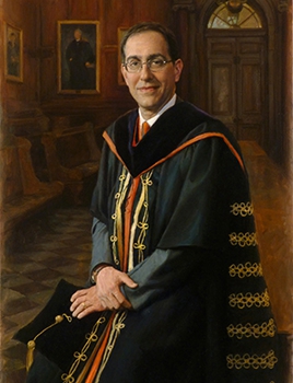 commissioned portrait of man in academic robes, holding his cap and tassel. 