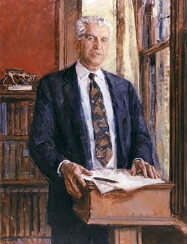 commissioned portrait of man in suit and tie standing at a lectern. 