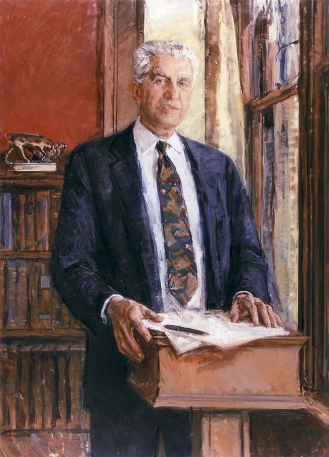 commissioned portrait of man in suit and tie standing at a lectern. 