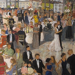 commissioned portrait of a man and woman dancing together at a wedding or reception, with guests surrounding. 