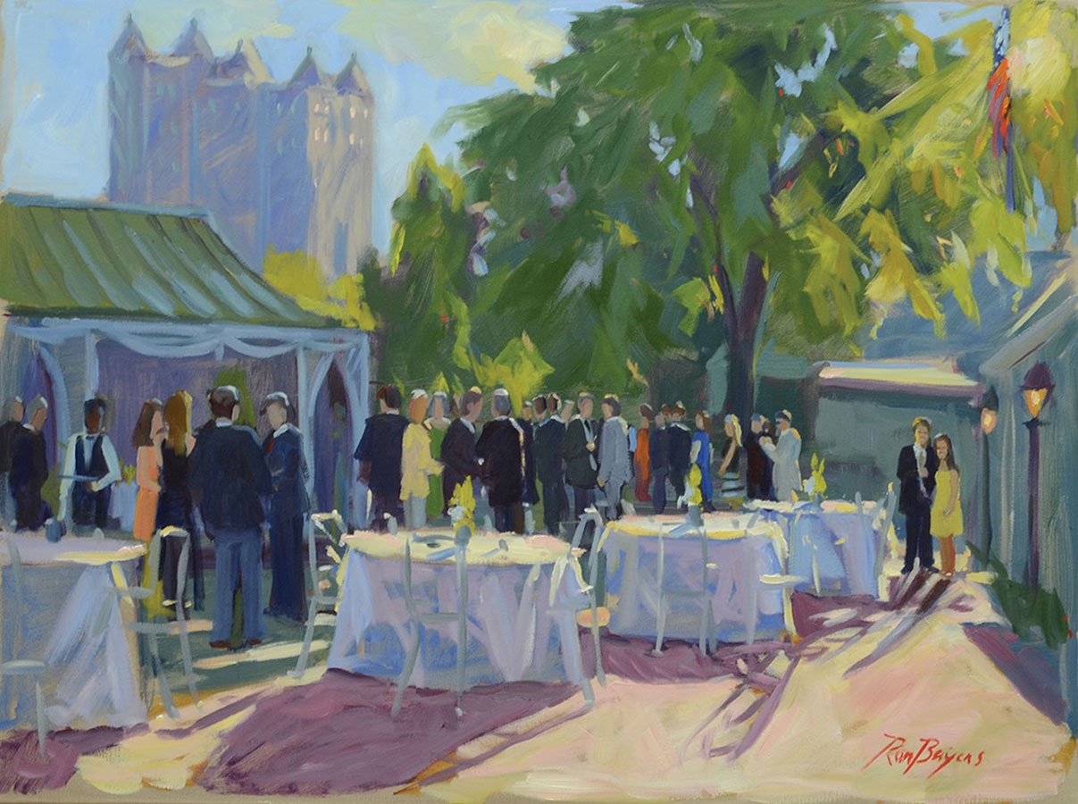 commissioned portrait of a glamorous reception, with finely made tables in foreground, and party guests mingling in background. 