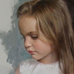 commissioned portrait of a young, brunette girl in white looking down .