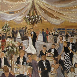 commissioned portrait of a couple dancing at a wedding reception, with guests onlooking. 