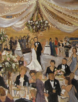 commissioned portrait of a couple dancing at a wedding reception, with guests onlooking. 