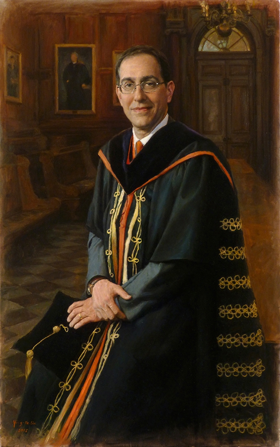 commissioned portrait of man in academic robes, holding his cap and tassel. 