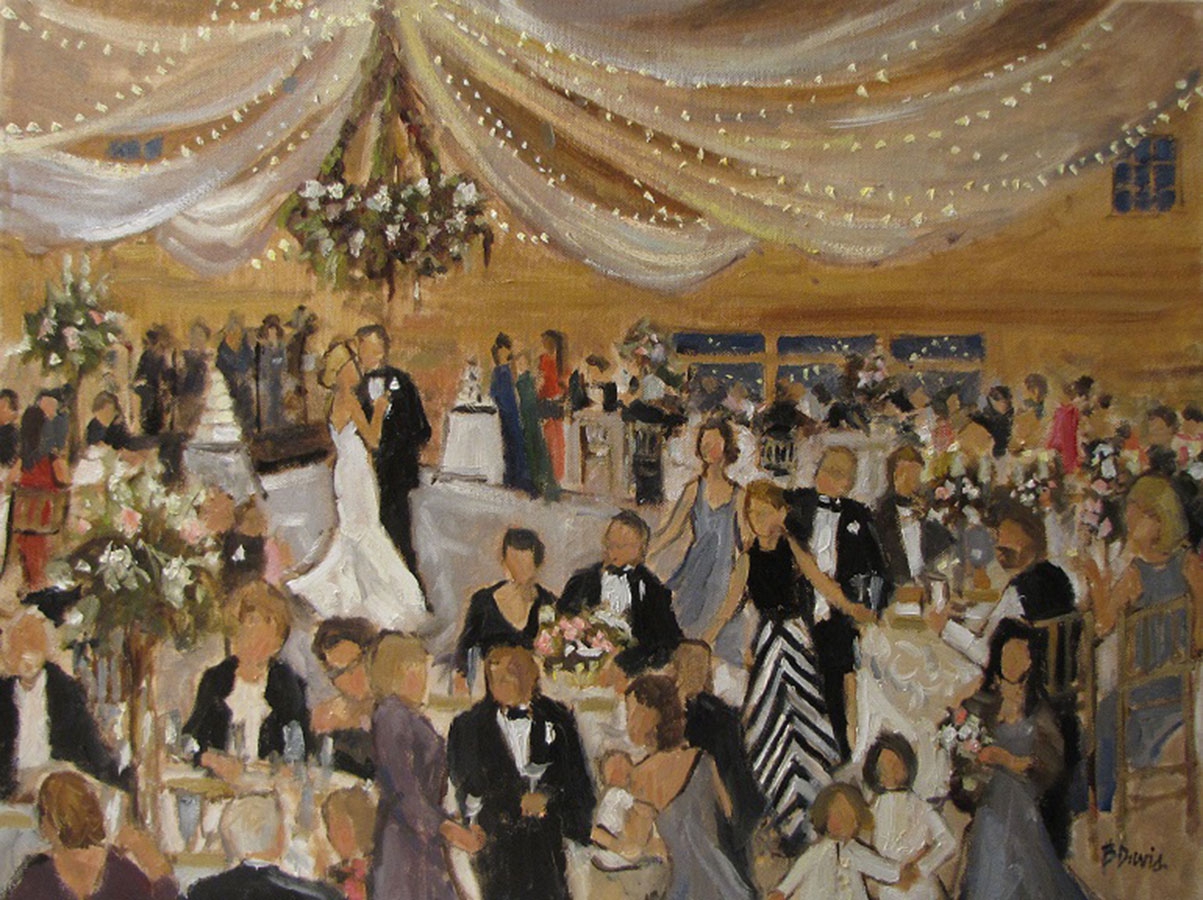 commissioned portrait of a couple dancing at a wedding reception, with guests onlooking. 