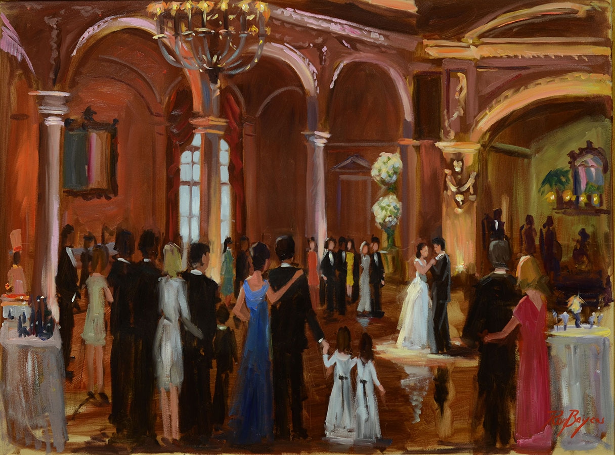 commissioned portrait of a couple dancing together, with other partygoers watching from a distance.