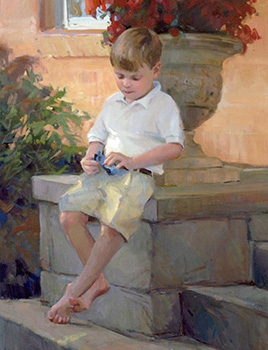 commissioned portrait of a young boy leaning against a potted plant home fixture, fiddling with a toy.