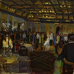 commissioned portrait of a reception, with a couple dancing and others looking on. 