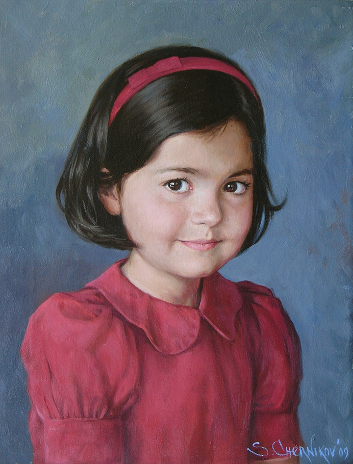 commissioned portrait of young black-haired girl in red dress and headband.