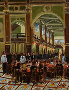 commissioned portrait of a party dining together. 