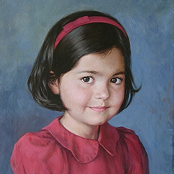 commissioned portrait of young black-haired girl in red dress and headband.