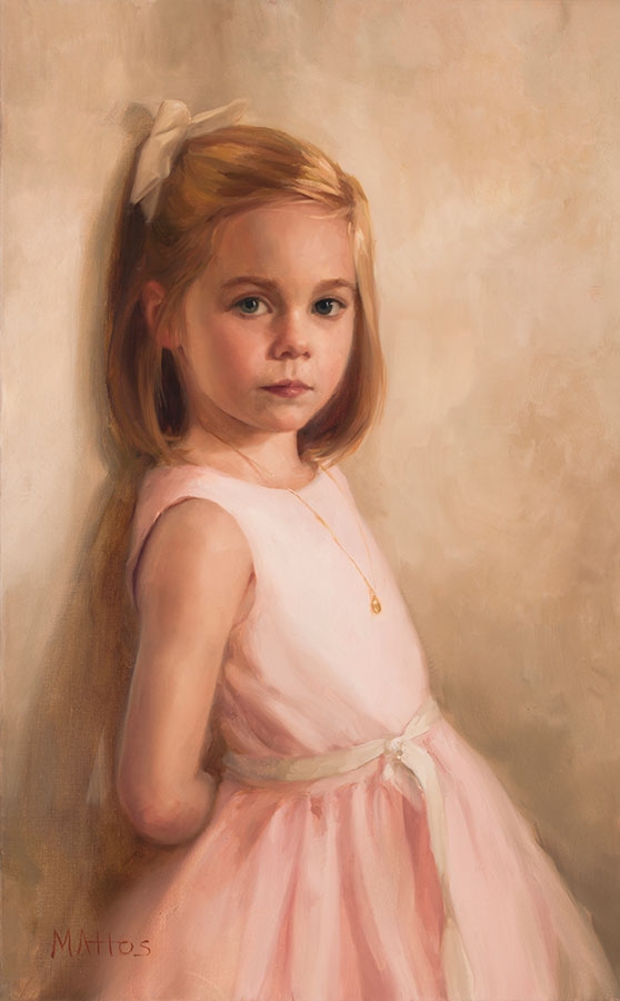 commissioned portrait of a pink-dressed girl with a bow-topped hair style relaxing against a wall, her arms resting behind her back.