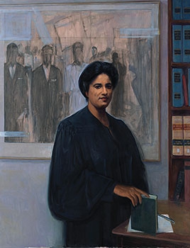 commissioned portrait portraying a dark-haired, robed woman resting a book by its edge to a desk, with a commissioned portrait and book shelf in the background. 