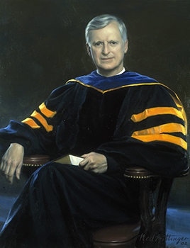 commissioned portrait of man sitting down, book in hand, wearing academic robes.