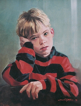 commissioned portrait of relaxed-looking boy resting his head on hand, clad in a black-and-red striped long-sleeve shirt with messy hair.