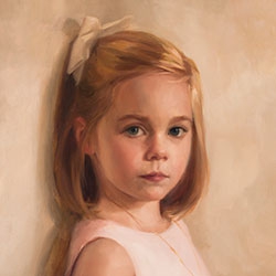 commissioned portrait of a pink-dressed girl with a bow-topped hair style relaxing against a wall, her arms resting behind her back.