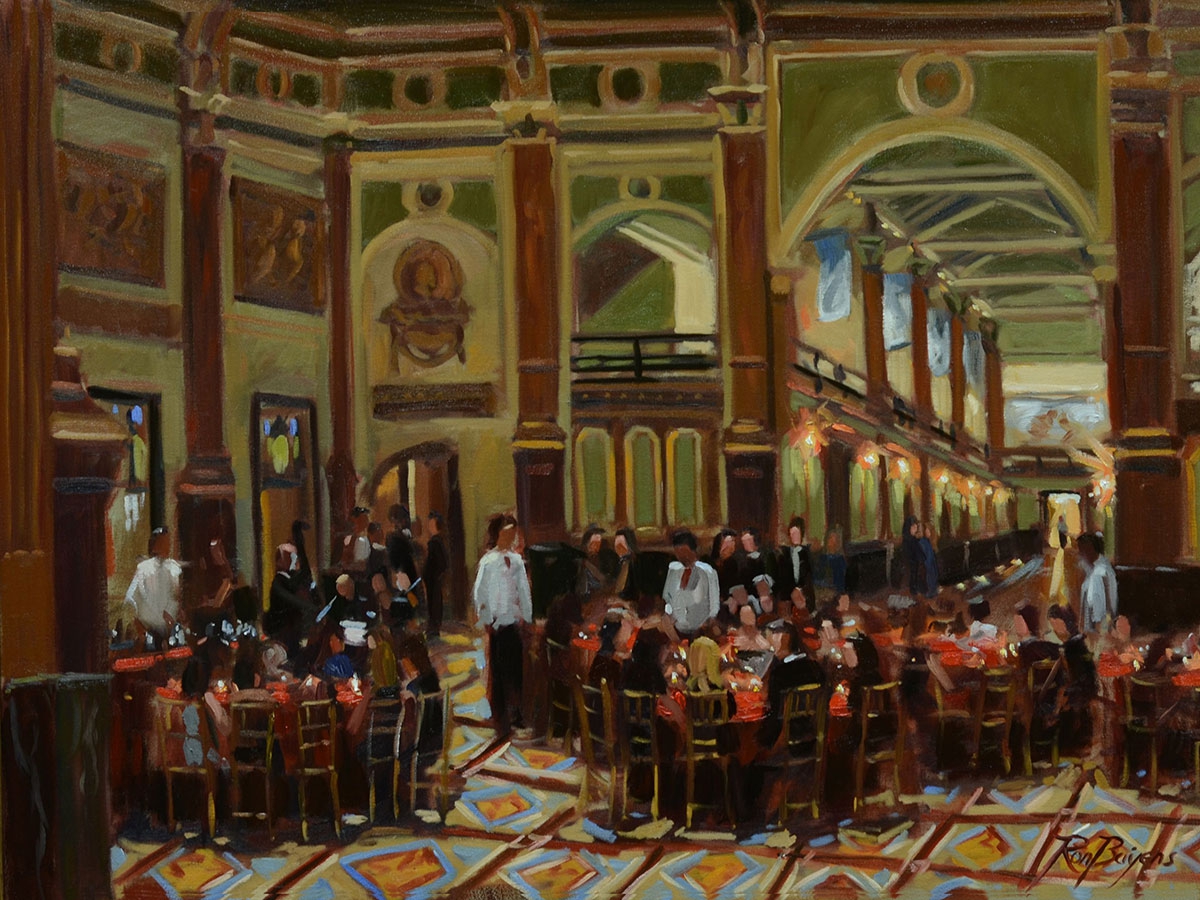 commissioned portrait of a party dining together. 