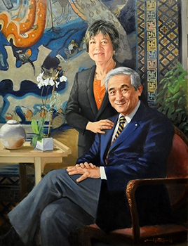 commissioned portrait of man and woman, with man sitting legs crossed and woman standing behind, touching his shoulder. 