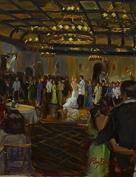 commissioned portrait of a reception, with a couple dancing and others looking on. 