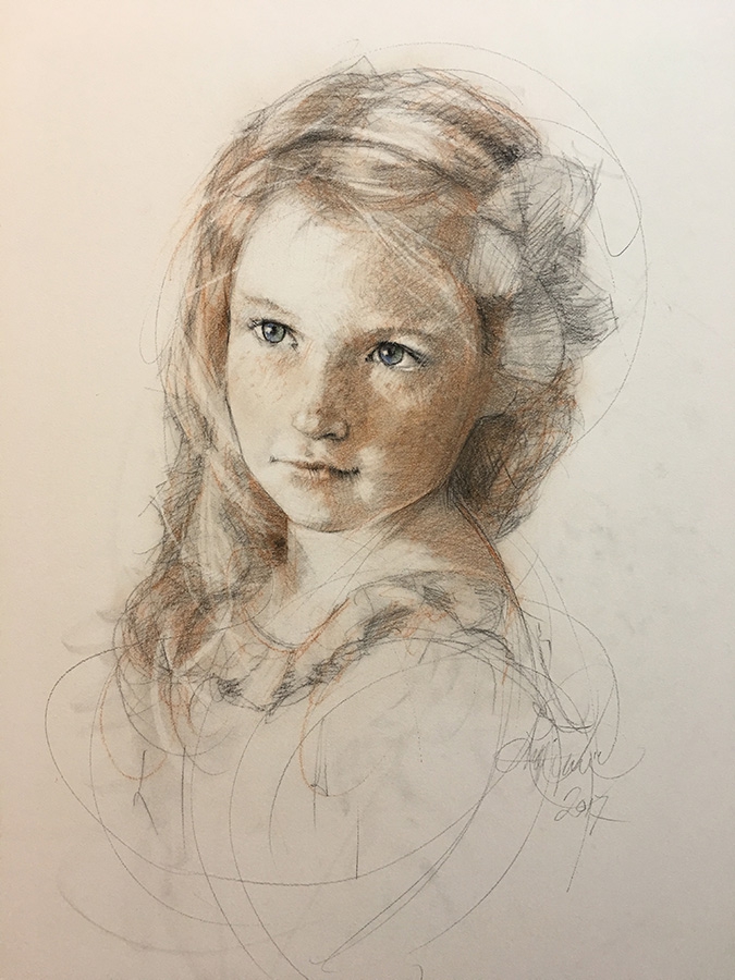 Washed color commissioned portrait of a young girl in a bow.