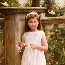 commissioned portrait of young, brunette girl in white, holding a flower while standing in front of an ornate fence.