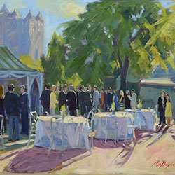 commissioned portrait of a glamorous reception, with finely made tables in foreground, and party guests mingling in background. 