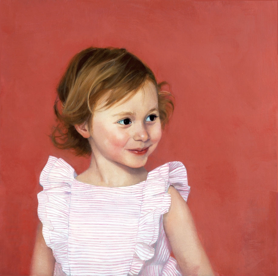 commissioned portrait of a young brunette girl in pink-patterned dress looking off to the side.